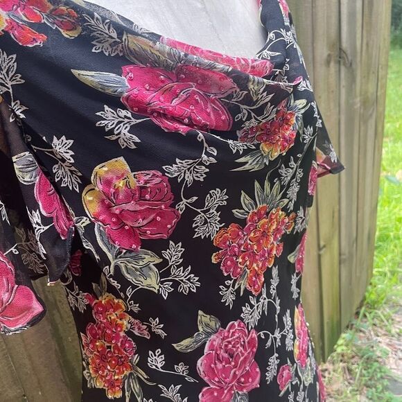 Vintage y2k 90s WHIMSIGOTH BIAS DRESS Floral Beaded Detail Petal Hem L 40" bust - Picture 2 of 8